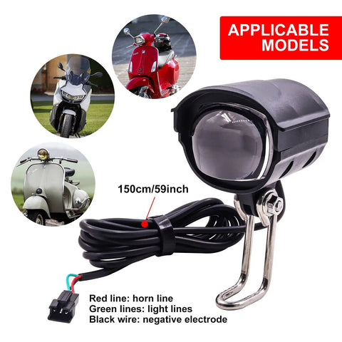 All In One Electric Bike Spotlight With Horn And Front Light, 12W LED Fog Light, Waterproof Front Lamp For Electric Scooters And Motorcycles, 36 To 60V Compatibility, 59 Inch Wire, Built In Speakers For Pedestrian Alerts And Safer Night Rides