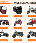 Wide compatibility image showing GX200, Predator 212, CT200U-EX engines and mini bikes like BT200X, CT200U, KT196, Baja MB200, RT200, Axis M200.