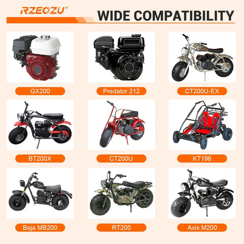Wide compatibility image showing GX200, Predator 212, CT200U-EX engines and mini bikes like BT200X, CT200U, KT196, Baja MB200, RT200, Axis M200.
