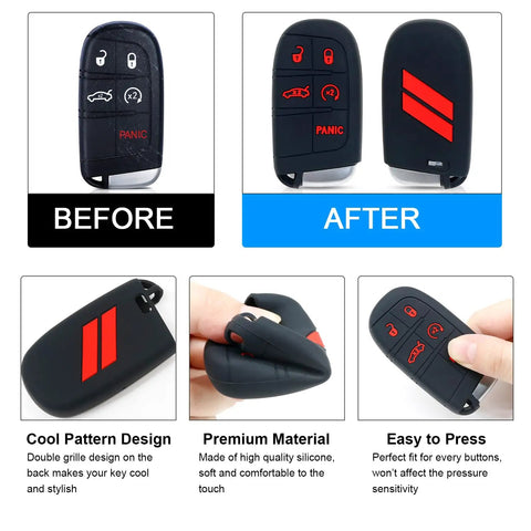 Dodge Key Fob Cover 5 Button Case for Charger Challenger Dart Durango Journey with protective shell, double stripe design, silicone material