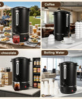 Heavy Duty Commercial Coffee Urn With 110 Cup Capacity 12L Stainless Steel Beverage Dispenser For Weddings Parties And Catering Fast Brew Heating Double Wall Black Finish Easy Cleaning displayed with various beverages and cups in different settings.