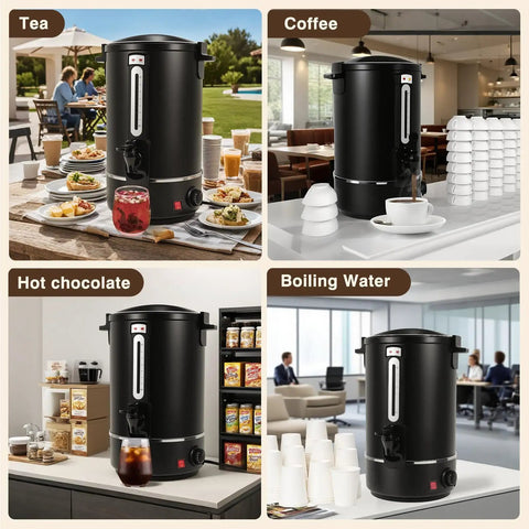 Heavy Duty Commercial Coffee Urn With 110 Cup Capacity 12L Stainless Steel Beverage Dispenser For Weddings Parties And Catering Fast Brew Heating Double Wall Black Finish Easy Cleaning displayed with various beverages and cups in different settings.