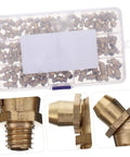 106 Piece Copper Grease Fittings Kit With M6 M8 M10 Zerk Nipples shown in plastic case, straight and angled fitment.