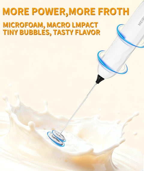 Close-up of a handheld milk frother creating foam, highlighting features for Two Pack Handheld Milk Frother With Stand For Lattes Cappuccinos Matcha And Hot Chocolate Go To Valentines Day Gift For Him And Her Black And White.