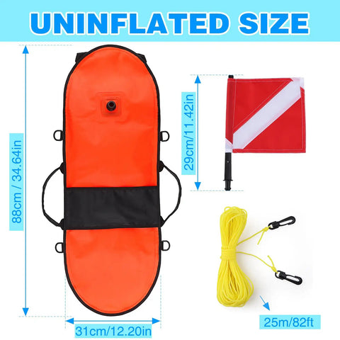 Uninflated High Visibility Spearfishing Buoy Torpedo Float With Dive Safety Flag and 82 Foot Rope