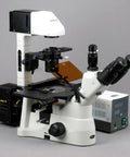 Inverted Microscope With Phase Contrast And Fluorescence 40X To 1200X Magnification Mercury Lamp Illumination on gray background