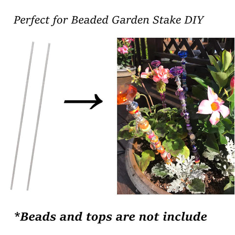 Side view of two stainless steel threaded rods for DIY beaded garden stakes