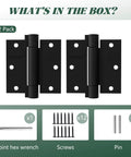 Two Pack Self Closing Door Hinges Three Point Five Inch Matte Black Spring Loaded Auto Close Hinges For Interior Doors With Adjustable Tension And Square Corner Design Durable Hinges For Easy Home Installation No Fuss, 6-point hex wrench, screws, and pins included