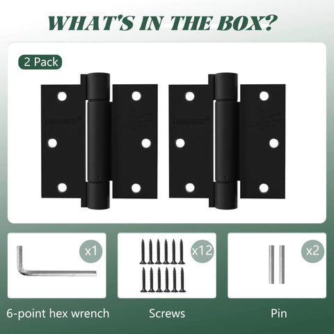 Two Pack Self Closing Door Hinges Three Point Five Inch Matte Black Spring Loaded Auto Close Hinges For Interior Doors With Adjustable Tension And Square Corner Design Durable Hinges For Easy Home Installation No Fuss, 6-point hex wrench, screws, and pins included