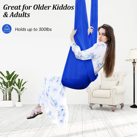 Kick Back And Chill In This Epic Cocoon Sensory Swing For Kids And Grown Ups Indoor Outdoor Therapy Hammock Chair With Buttery Soft Silky Nylon Hug Seat, blue nylon chair holding up to 300lbs.