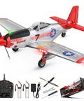 P51 Mustang 4 Channel RC Airplane with Lights, remote control, batteries, and box displayed on a white background.