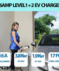 Level 1 And 2 Portable Electric Car Charger With 8 To 16 Amp Current And Smart Timer in use at home, 17 Ft SAE J1772 cable connected.