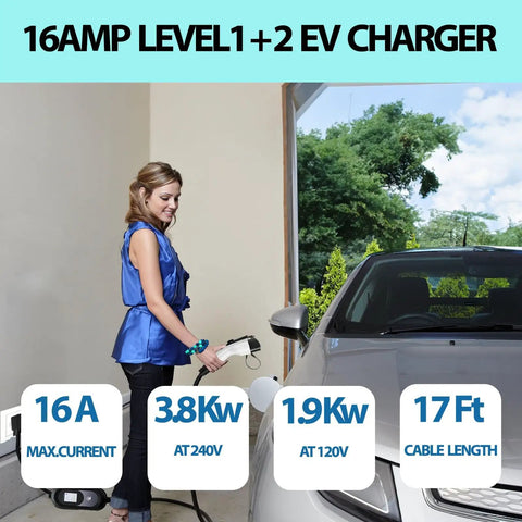 Level 1 And 2 Portable Electric Car Charger With 8 To 16 Amp Current And Smart Timer in use at home, 17 Ft SAE J1772 cable connected.
