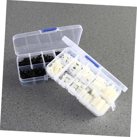 300 Pcs Nylon Spacers Nuts And Screws Assortment Kit In Black And White With Plastic Storage Box For Electronics DIY Projects Easy To Install Durable Nylon Spacers And Nuts And Screws, open box