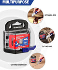 50 Pack Utility Knife Blades With Dispenser, Razor Sharp SK5 Steel Refills pictured cutting rope, box, and cardboard
