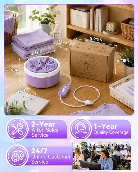 Grab and Go portable ultrasonic turbo washer mini washing system upgrade on a wooden table, ideal for RVs, dorms, and travel.