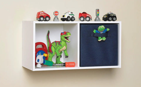 Cubeicals 2 Cube Storage Shelf Organizer for Books, Clothes and Decor, Space Saver with toys and fabric drawer, wall mounted.