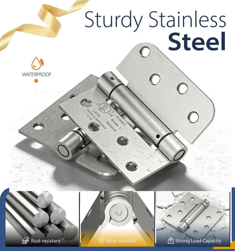 Tough As Nails 2 Pack 4 Inch Self Closing Door Hinges Square Shape With Rounded Edge Profiles And Full Stainless Mounting Kit Interior Room Doors, showing waterproof stainless steel design.