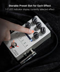 Hand adjusting stereo reverb pedal for guitar with seven presets and classic effects, metal chassis.