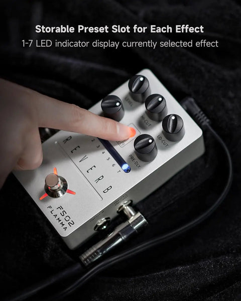 Hand adjusting stereo reverb pedal for guitar with seven presets and classic effects, metal chassis.