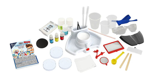 Chemistry Of The Tiny Lab Kit With Hands On Illuminated Station And 3 Clip On Magnifying Glasses For Close Up Experiments 30 Fun Science Projects For Curious Kids And Tween Scientists, kit parts on white