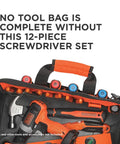 Open tool bag with highlighted Magnetic Screwdriver Set With Precision And Full-Size Bits Phillips And Flat Head 12-Piece.