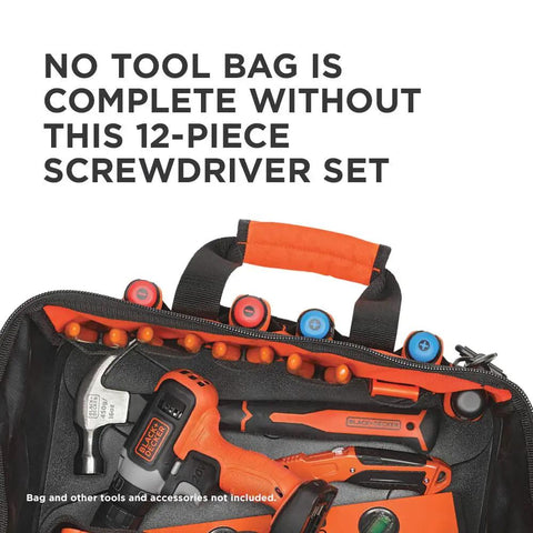 Open tool bag with highlighted Magnetic Screwdriver Set With Precision And Full-Size Bits Phillips And Flat Head 12-Piece.