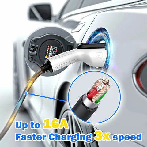 Level One And Two EV Charger 16 Amp 17 Ft Cable Portable Electric Vehicle Charging Station Sae J1772 Compatible charging wire connection.