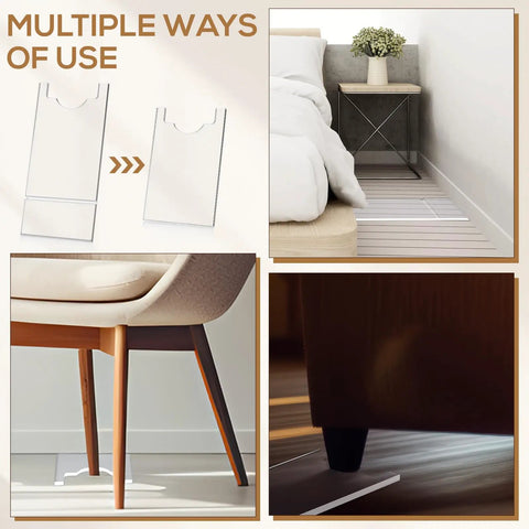 Slick Clear Couch Wall Spacers And Furniture Stoppers To Shield Your Sofa Bed From Scratches While Taming Messy Cords And Keeping Your Living Room Fresh With Zero Drama Setup, shown in multiple uses under furniture.
