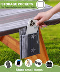 Person placing phone in storage pocket of fitted picnic table cover with bench covers waterproof elastic edges 6 ft rectangle patio tablecloth for outdoor dining camping RV trips travel and party includes portable storage bag.