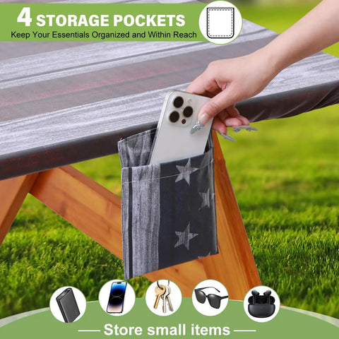 Person placing phone in storage pocket of fitted picnic table cover with bench covers waterproof elastic edges 6 ft rectangle patio tablecloth for outdoor dining camping RV trips travel and party includes portable storage bag.