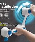 Hands installing Super Strong Adhesive Shower Grab Bar L Shape Handle Rail for Bathroom Safety, easy drill-free setup