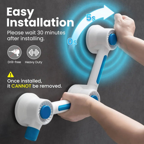 Hands installing Super Strong Adhesive Shower Grab Bar L Shape Handle Rail for Bathroom Safety, easy drill-free setup