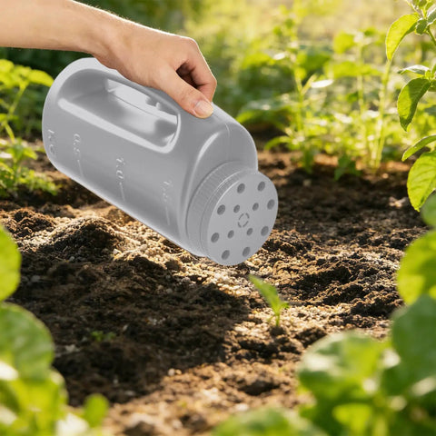 Adjustable Handheld Seed Shaker And Spreader For Fertilizer Grass Seed Ice Melt And Lawn Care Premium Durable Portable All Season Spreader In Gray For Easy Grab And Go Lawn Maintenance in hand over garden soil