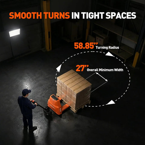 Heavy Duty Full Electric Pallet Jack With 4400 Lb Load Capacity Plus 48 By 27 Inch Forks maneuvering in tight warehouse spaces.