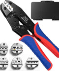 Pro Grade Crimping Tool Set With Ratchet Wire Crimper And 6 Interchangeable Dies shown with carrying case and dies detail.