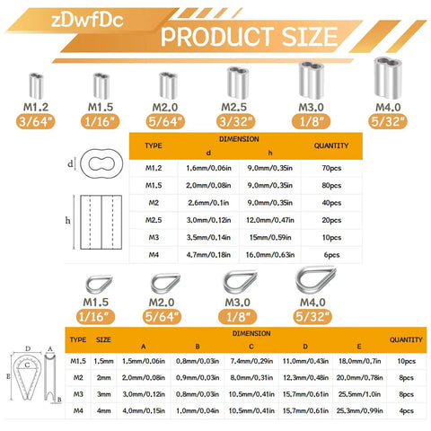 Product size chart for 256 Piece Stainless Steel Wire Rope Thimble Kit With Aluminum Crimping Loop Sleeves showcasing dimensions.