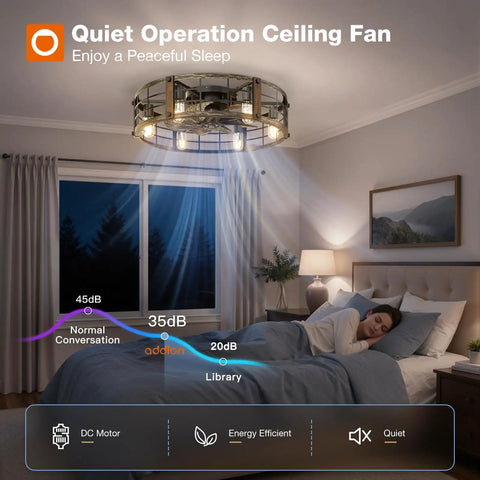24 Inch Metal Caged Farmhouse Ceiling Fan With Warm White Lighting And Wireless Remote Low Profile Flush Mount Design in a bedroom.
