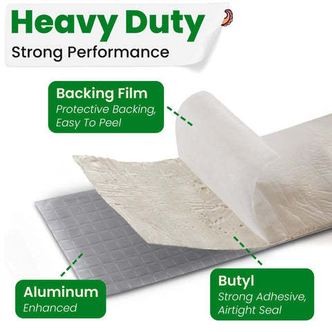 Heavy Duty Aluminum Butyl Tape 2 Inch Wide Waterproof Seal For Roofs Gutters Pipes RVs And Outdoor Patching That Stops Leaks Fast With Airtight Long Lasting Bond shown with labeled layers: aluminum, butyl, backing film.