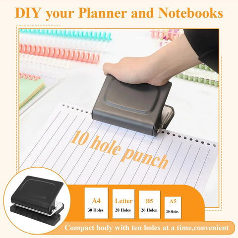 10 Hole Punch Binding Machine for planners with 10 color binder rings in use, showing punched holes on A4 paper, black device.