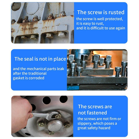 Images showing rusted screws, a failing seal, and improperly fastened screws, highlighting issues Red Thread Locker Gel can resolve.