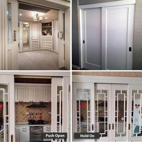 Interior installation of a double closet door track hardware kit for quiet sliding adjustable 20 to 158 inch system.