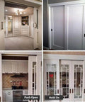 Double Sliding Door Track Hardware Kit With Aluminum Rail For Space Saving Bypassing Door System in various interior settings.