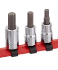 Three-Eighth Inch And One-Half Inch Drive Hex Bit Socket Set, Ten-Piece, Heavy Duty Alloy Sockets For Auto Repair, Handy Mechanic Tools, And DIY Projects, Includes One-Eighth To Five-Eighths Inch Bits For Versatile Fastening displayed on red holder