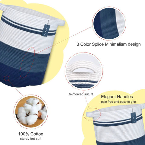 Oversized Cotton Rope Laundry Hamper Tall Stand Up Basket showing gradient blue design, elegant handles, and reinforced stitching.