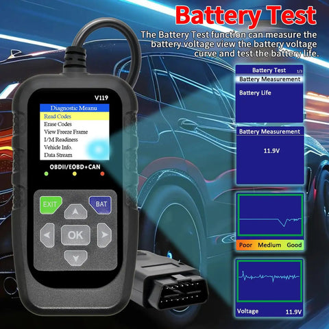 OBD2 Scanner Diagnostic Tool With Code Reader And Voltage Tester For Cars And Trucks Reads And Clears Check Engine Light Fault Codes OBDII OBD2 Compatible Live Data Battery Voltage And Freeze Frame For DIYers And Pros displaying battery test results
