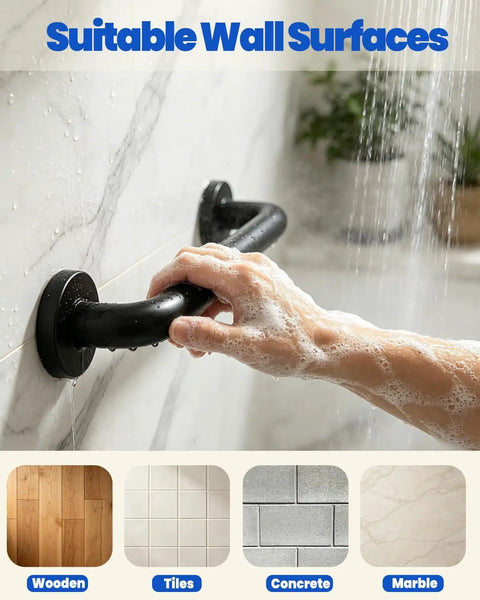 Built Like a Tank 12 Inch Black Stainless Steel Shower Grab Bars mounted on wet tiled wall for secure grip.