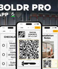 P1L Portable Bluetooth Thermal Construction Label Printer app interface showing checklist, QR codes, and installation notes.