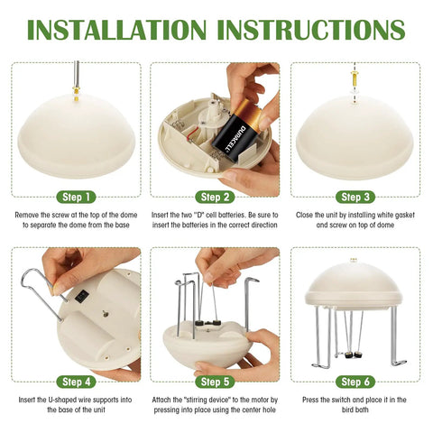 Installation steps for Bird Bath Water Circulator Pump For Outdoor Use, Battery Powered Water Agitator with Quiet Switch shown
