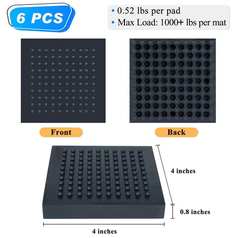 Heavy Duty Exercise Equipment Mats Set Of Six Non Slip Anti Vibration Pads 4 By 4 By 0.8 Inches For Treadmills And Stationary Bikes Noise Reduction Steel Embedded Rubber For Hardwood Floors And Carpet